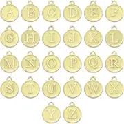 uxcell 26 Pcs Letter Charm, Alloy A-Z Initial Charm Round Alphabet Charm Pendant for Necklace Bracelet Earring Jewelry Making DIY, Light Yellow