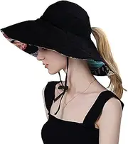 [kissun] Women Ponytail Sun Hat Reversible Fishing Hat Foldable Bowknot Summer Hat UPF 50+ Beach Cap Wide Brim Bucket Hat