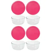 Pyrex 7203 7-Cup Glass Food Storage Bowl w/ 7402-PC Fuchsia Pink Lid (4-Pack)