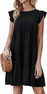 [KIRUNDO] Women's Summer Dresses Sleeveless Ruffle Sleeve Round Neck Solid Loose Short Flowy Pleated Mini Babydoll Dress