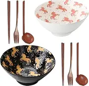 8 Inch Ceramic Ramen Bowl, Set of 2 Porcelain 40 oz Japanese Udon Soba Pho Asian Soup Noodle Bowls with Chopsticks & Spoons & Fork, Christmas & Birthday, Housewarming Gifts (Unicorn)