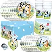 Unique Bluey Birthday Party Supplies | Bluey Party Supplies | Bluey Birthday Decorations | Bluey Party Decorations | With Bluey Tablecover, Bluey Plates, Bluey Cups, Bluey Napkins, Button