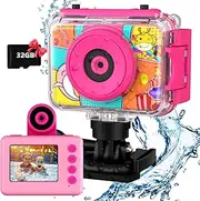Kids Waterproof Camera - Kids Digital Underwater Camera 180 Rotatable Action Sport Camera 20MP 1080P HD Camcorder 32GB SD Card, Bithday Gifts for Girls Aged 4-12 Years Old-Pink
