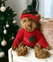 Coldwater Creek Christmas Teddy Bear Plush Knit Red Sweater & Hat NWT 17”