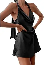 [Generic] Women's Cowl Neck Halterneck Slip On Backless Satin Mini Dress Sexy Silky Party Club Bodycon Dresses