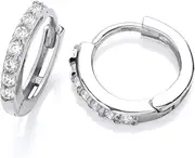 [Old English Jewellers] 9ct Cuff White Gold Hoop Earrings with Diamond Detail - 10mm. Hinged Gold Hoops., White Gold, Created Diamond