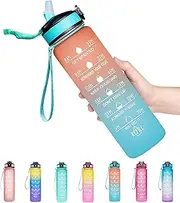 32oz Leakproof BPA Free Drinking Water Bottle with Time Marker & Straw to Ensure You Drink Enough Water Throughout The Day for Fitness and Outdoor Enthusiasts (Ombre-Orange Green, 32oz)