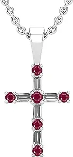 [Dazzlingrock Collection] Round Gemstone & Baguette White Diamond Ladies Cross Religious Pendant (Silver Chain Included), Available in Various Gemstones & Metal in 10K/14K/18K Gold & 925 Sterling Silver