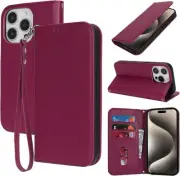 for iPhone 15 Pro Max Case Leather Wallet Magnetic Flip Cover with Wrist Strap
