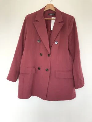 Boohoo Double Breasted Longline Blazer- Dark Pink Smart Blazer Size 14 BNWT
