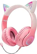 Cat Ear Wireless Bluetooth Headphone with Noise Canceling Microphone for Kids, LED Light Up Over Ear Headset with Stereo Sound Deep Bass Memory Foam Ear Pads for Online Class & Gaming, Pink