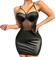 [Generic] Womens Sexy Lingerie Open Crotch Women's 1PC Dress Sexy Sleeveless Zipper Front PU Leather Tight Sexy Lingerie Sleepwear Lingeriedress Sleepdress Sexy Valentines Day Gift