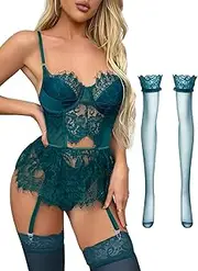 [Lilosy] Sexy Stocking Underwire Babydoll Lace Mesh Garter Lingerie Set with Panty 4 Piece