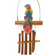 Bamboo Source Hand painted Red Wooden Parrot Wind Chime on Bamboo Perch 35 inch