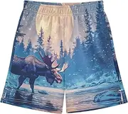 [WOIWB] Boys' Shorts with Pockets-Moose Moon Lake, Kid's Athletic Shorts for Sport Home 7-8T