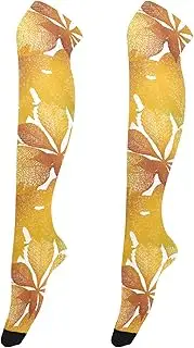 [Caihoyu] Women'S Knee-High Stockings Retro Style Long Knee High Socks Baseball Socks Football Socks for Cosplay Seamless Pattern Autumn Leaves Illustration, Seamless Pattern Autumn Leaves Illustration