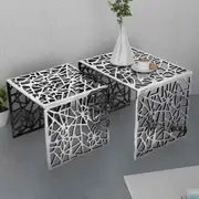 2Pcs Side Tables Square Aluminium Silver Nesting Coffee Stand Patio End Table