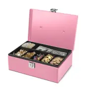 Cash Box with Money Tray and Lock - Pink Cash Storage with Latch Lock & Key