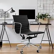 Milano Decor Chair Replica Adjustable Eames Premium PU Leather 360 Degree Swivel Seat Gas Lift Function High Back Design (Black)