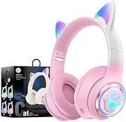 Bluetooth Headphones for Kids,Cute Ear Cat Ear LED Light Up Foldable Headphones Stereo Over Ear with Microphone/TF Card Wireless Headphone for iPhone/iPad/Smartphone/Laptop/PC (Pink)