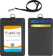 Fushing Card Holder with Lanyard, 2-Sided Vertical Leather ID Card Holder with 1 ID Window, 2 Card Slots, 1 Piece 48cm PU Leather Detachable ID Lanyard with Swivel J Hook (Black)