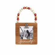FRIENDS Wood Frame Christmas Ornament with Beaded String Hanger 4" x 4"