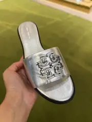$295 Tory Burch Cut Out Logo Slide, Silver