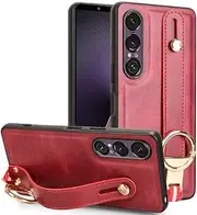 Jarttarn Case for Sony Xperia 1 VII (2025), PU Leather Case Wristband Finger Ring Multi-Functional Non-Slip Shockproof Protective Stand Cover with Lanyard Strap (Red)