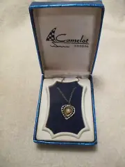 Vintage CAMELOT Gold Tone Heart Necklace Pendant w/Faux Pearl Center & Orig. Box
