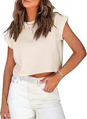 [Tankaneo] Womens Short Sleeve Cropped T-Shirts Summer Rolled Dolman Sleeve Crop Tops Casual Round Neck Solid Short Basic Tees