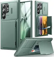 TONGATE for Samsung Galaxy S24 Ultra Case, with Slide Camera Cover & Card Holder(3 Cards) & Kickstand Rugged Shockproof Wallet with Screen Protector for S24 Ultra Case 6.8 Inch, Green
