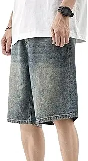 [Gsywaipei] Men's Loose Fit Retro Denim Shorts Relaxed-Fit Straight Leg Jean Short Classic Regular Washed Jeans Half Pant, Blue, 40