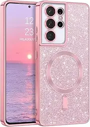 GaoBao Magnetic for Samsung Galaxy S21 Ultra Case, Slim S21 Ultra Case [Compatible with Mag Safe] Luxury Sparkle Shiny Full Body Protective Phone Cases Covers for Samsung S21 Ultra 6.8", Pink Glitter