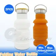 2x 600ml Collapsible Hiking Water Bottle Silicone Sport Folding Kettle Gym Camp