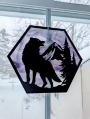 STAINED GLASS SUN CATCHER WITH METAL WOLF OVERLAY MOUNTAINS AND SKY