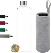 Glass Water Bottle with Bamboo Lid and Stainless Steel Lid (1000ml, Light Gre...