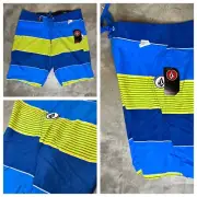 Volcom Maguro Stripe Board Shorts Men’s Size 30 Surf Swim Trunks Blue Yellow NEW