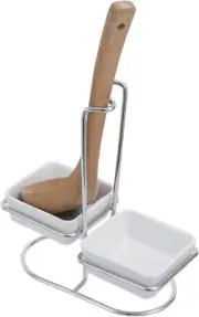 White Ceramic Cooking Spoon Rest with Silver Tone Metal Rack Stand, Spoon Holder
