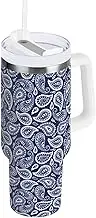 Paisley Flowers Blue Pattern Insulated Stainless Steel Water Bottle with Handle and Straw Lid Double Walled Travel Mug 30 oz