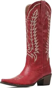 [Tscoyuki] Knee High Cowboy Boots For Women Pointy Toe Embroidered Western Boots Pull On Chunky Heel Fashion Tall Cowgirl Boots