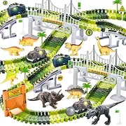 Dinosaur Toys, 195 PCS Create A Dinosaur World Road Roll Up Race Track, Flexible Track Playset, 2 Electric Cars with Lights and 8 Dinosaur for 3 4 5 6 7 8 Year Old Boys Girls Birthday Party Favor Gift