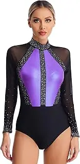 [Riismen] Women's Sparkle Rhinestones Gymnastics Dance Leotard Long Sleeve Figure Skating Bodysuit Tops