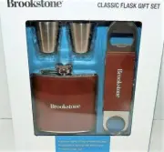 Classic Flask 4 Piece Brookstone Gift Set Flask 2 Steel Shot Cups Bottle Opener