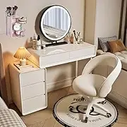Makeup Vanity Table with Storage Stool, Dressing Table with Mirror & Light, Pack of Powder Puff Storage Bucket(Round Mirror,B)