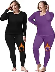 [Patelai] 2 Sets Plus Size Long Thermal Underwear for Women Fleece Lined Base Layer Pajama Top and Bottom Cold Weather