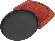 ROMISBABA Cast Iron Sizzling Plate with Wooden Fajita Tray Non Stick Round Griddle for Induction and Gas Stoves Essential for Home Cooking and Restaurant Use