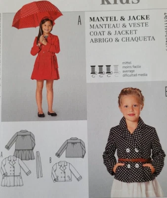 Uncut Burda 9487 Sewing Pattern Little Girls Dress Coat w/Peplum Denim Jacket