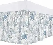 Bed Skirt Summer Ocean Sea Coral Bed Skirt 16 Inch Drop Light Blue Shell Star Turtle Seahorse Elastic Wrap Around Bed Skirt Dust Ruffle for Queen Size Bed