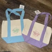 2 NWT Trader Joe’s Mini Pastel Canvas Tote Bag 2025 Limited, purple and blue