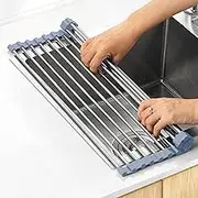 MECHEER Over The Sink Dish Drying Rack, Roll Up Dish Drying Rack Kitchen Dish Rack Stainless Steel Sink Drying Rack, Foldable Dish Drainer, Gray